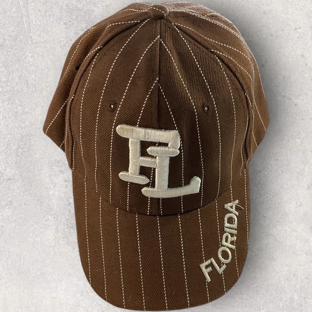 Florida Pinstripe Baseball Cap Brown White Embroidered FL Logo Adjustable Hat
